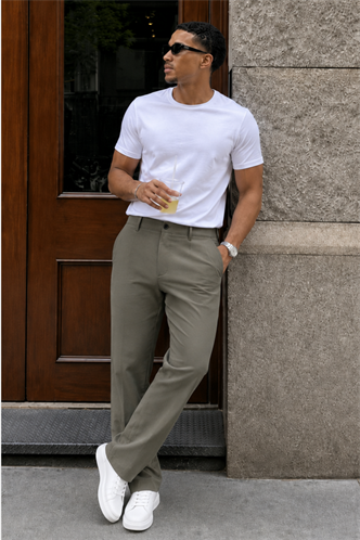Haki Regular Fit Düz Kesim Yan Cepli Erkek Pantolon 6540