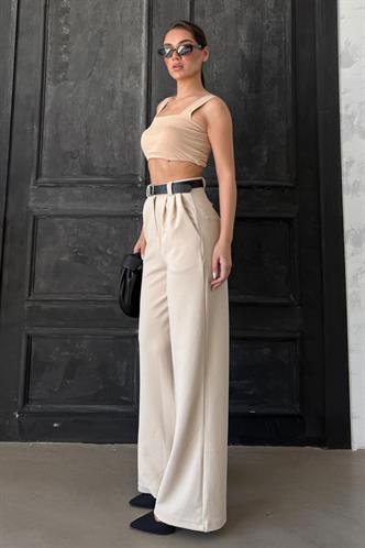 Açık Bej Çift Pileli Kemerli Pantolon Mg2330