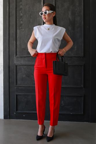 Kırmızı Önü Biyeli Yüksek Bel Kadın Pantolon MG2425