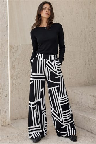 Siyah Desenli Beli Lastikli Bol Paça Pantolon MG2051