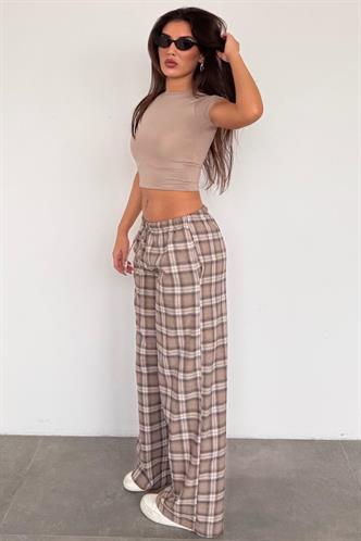 Bej Lastikli Bel Geniş Paça Ekose Pantolon MG2658