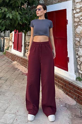 Bordo Bol Paça Müslin Kadın Pantolon MG1980