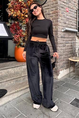 Koyu Siyah Bol Paça Kadife Pantolon MG2283