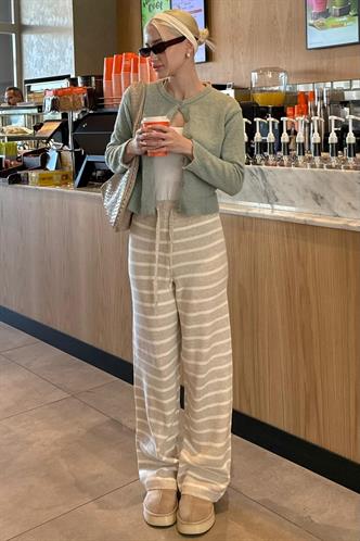 Bej Çizgili Kadın Triko Pantolon Mg2342