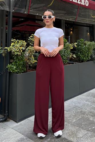 Bordo Yüksek Bel Rahat Kesim Geniş Paça Kadın Eşofman MG2309