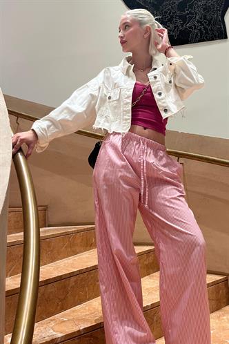 Fuşya Beli Ayarlanabilir Bol Paça Dökümlü Çizgili Pantolon MG2087