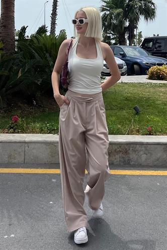 Bej Yüksek Bel Rahat Kesim Bol Paça Pantolon MG2120