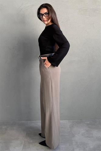 Haki Yüksek Bel Pileli Kemerli Geniş Paça Kadın Pantolon MG2615