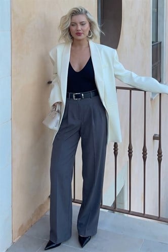 Füme Çift Pileli Kemerli Pantolon Mg2330