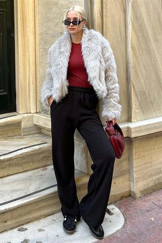 Siyah Beli Lastikli Yüksek Bel İspanyol Paça Triko Eşofman  MG2211