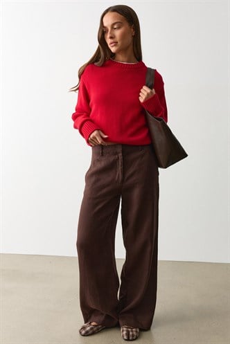 Kahverengi Yüksek Bel Keten Wide Leg Pantolon MG2718