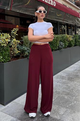 Bordo Yüksek Bel Rahat Kesim Geniş Paça Kadın Eşofman MG2309