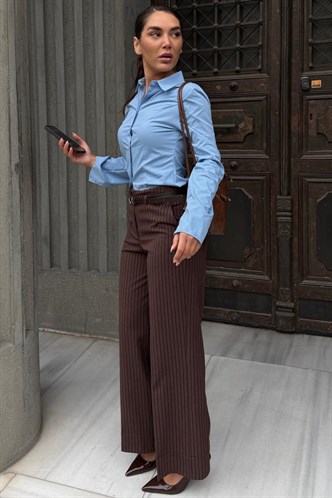 Kahverengi Çizgili Geniş Paça Normal Bel Kemerli Pantolon MG2735