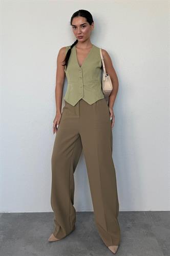 Haki Yüksek Bel Kadın Palazzo Pantolon MG2506
