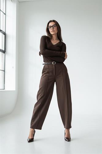 Kahverengi Modern Kesim Kemerli Yüksek Bel Bol Paça Kumaş Pantolon MG2618