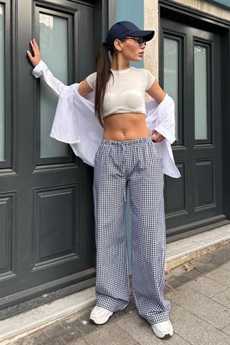 Lacivert Pötikareli Bol Paça Kadın Pantolon Mg2335