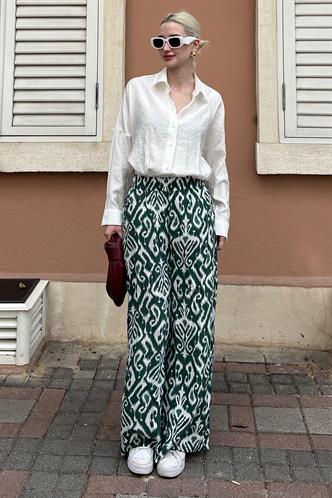 Yeşil Desenli Beli Lastikli Bol Paça Pantolon MG2051