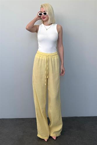 Sarı Bol Paça Müslin Kadın Pantolon MG1980
