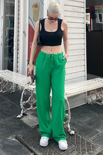 Yeşil Krinkıl Kumaş Basic Kadın Plaj Pantolon MG1778