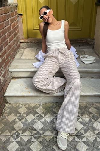 Bej Pötikareli Bol Paça Kadın Pantolon Mg2335