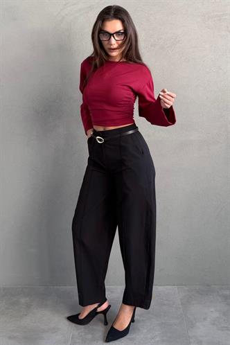 Siyah Modern Kesim Kemerli Yüksek Bel Bol Paça Kumaş Pantolon MG2618