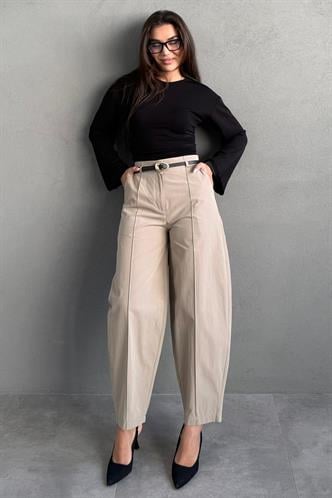 Haki Modern Kesim Kemerli Yüksek Bel Bol Paça Kumaş Pantolon MG2618