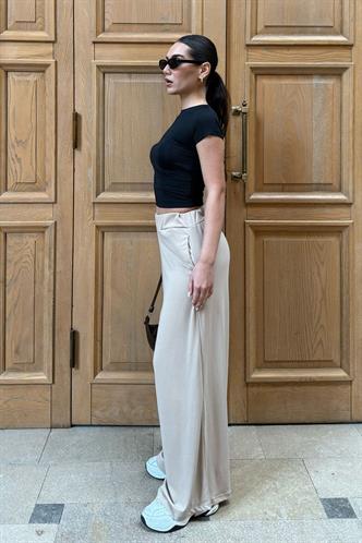 Bej Yüksek Bel Rahat Kesim Geniş Paça Kadın Eşofman MG2309