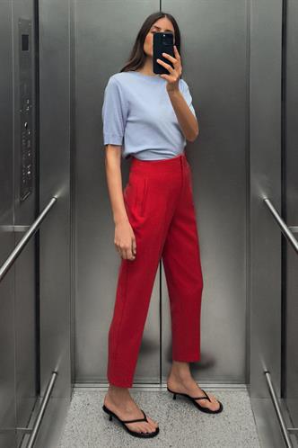 Kırmızı Önü Biyeli Yüksek Bel Kadın Pantolon MG2425