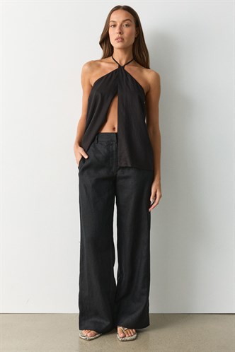 Siyah Yüksek Bel Keten Wide Leg Pantolon MG2718