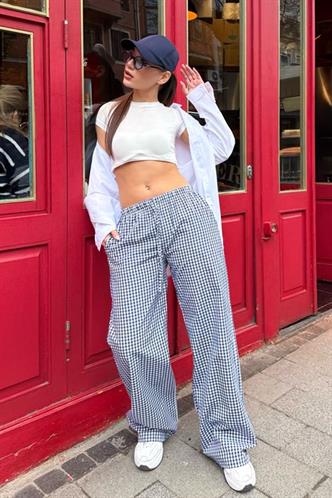 Lacivert Pötikareli Bol Paça Kadın Pantolon Mg2335