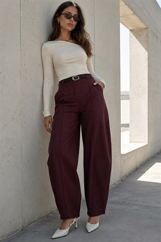 Mürdüm Modern Kesim Kemerli Yüksek Bel Bol Paça Kumaş Pantolon MG2618
