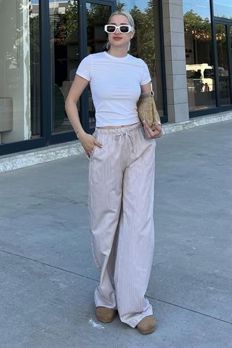 Bej Beli Ayarlanabilir Bol Paça Dökümlü Çizgili Pantolon MG2087