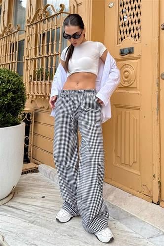 Siyah Pötikareli Bol Paça Kadın Pantolon Mg2335