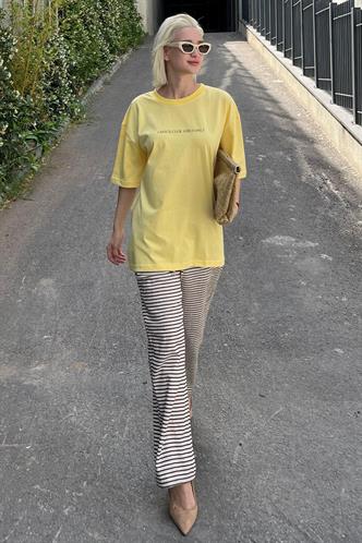 Kahverengi Beli Ayarlanabilir Pamuklu Bol Paça Dökümlü Çizgili Pantolon MG2133