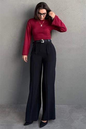 Siyah Yüksek Bel Pileli Kemerli Geniş Paça Kadın Pantolon MG2615