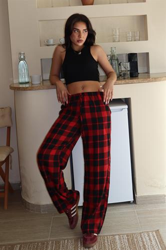 Bordo Ekoseli Kadın Pantolon Mg2401