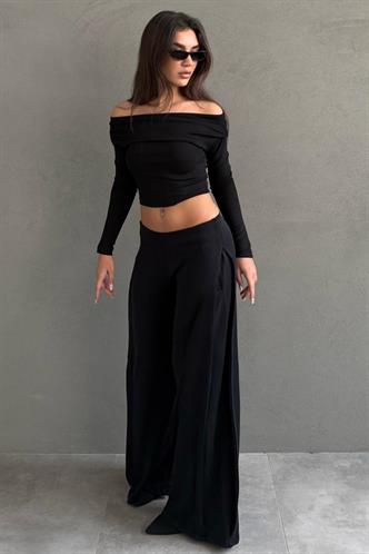 Siyah Yumuşak dokunuşlu, Yanları Pilili, Modal İçeren Geniş Paça Pantolon MG2668