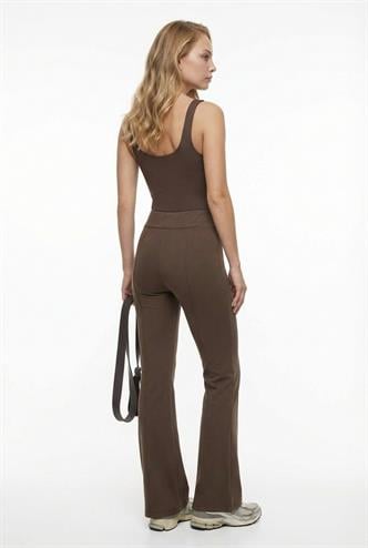 Kahverengi Yüksek Bel Flare Paça Şık Günlük Kadın Tayt MG2645