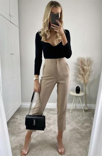 Bej Önü Biyeli Yüksek Bel Kadın Pantolon MG2425