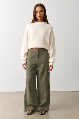 Haki Yüksek Bel Keten Wide Leg Pantolon MG2718