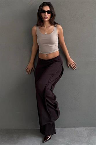 Kahverengi Yumuşak dokunuşlu, Yanları Pilili, Modal İçeren Geniş Paça Pantolon MG2668