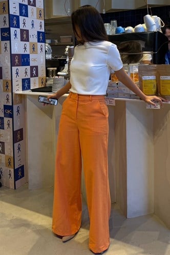Turuncu Yüksek Bel Keten Wide Leg Pantolon MG2718