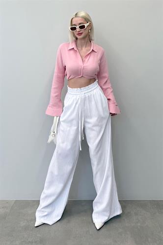 Beyaz Yüksek Bel Bol Paça Pantolon MG2408