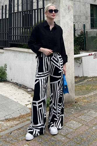 Siyah Desenli Beli Lastikli Bol Paça Pantolon MG2051