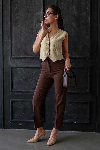 Acı Kahve Önü Biyeli Yüksek Bel Kadın Pantolon MG2425