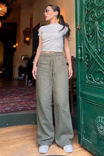 Yeşil Bol Paça Müslin Kadın Pantolon MG1980