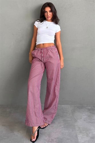 Bordo Beli Ayarlanabilir Çizgili Cepli Bol Paça Kadın Pantolon Mg2312