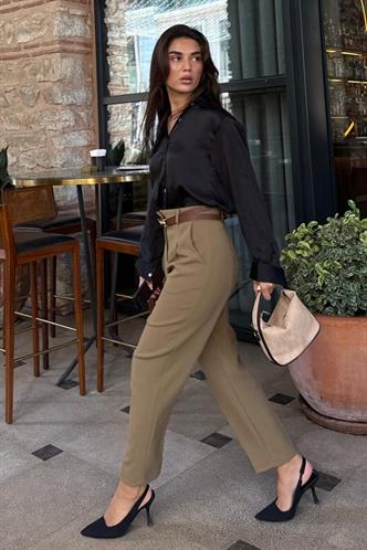 Haki Yüksek Bel Pileli Kadın Kumaş Pantolon Mg2507