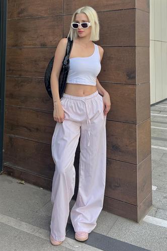 Pembe Beli Ayarlanabilir Bol Paça Dökümlü Çizgili Pantolon MG2087