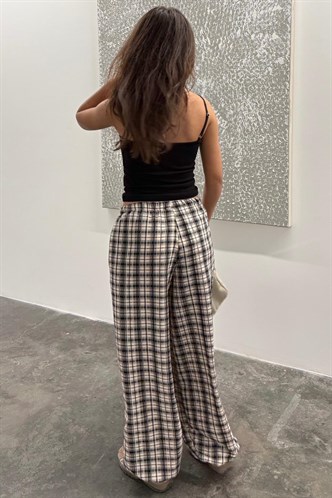 Taş Rengi Ekose Desenli Yüksek Bel Balon Fit Kadın Pantolon MG2726